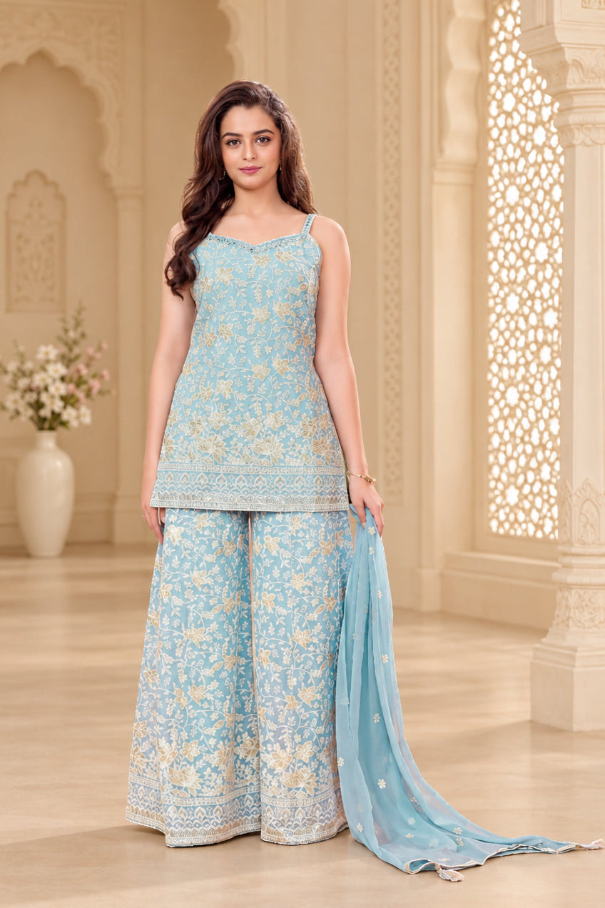 Girls Floral Printed Sleeveless Kurti Palazzo Set with Dupatta