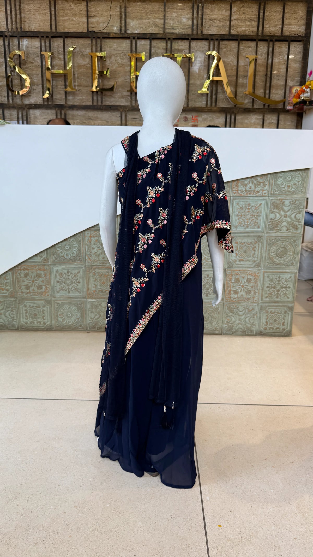 Navy Blue Cross Cut Palazzo Suit for Girls