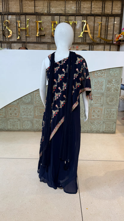 Navy Blue Cross Cut Palazzo Suit for Girls