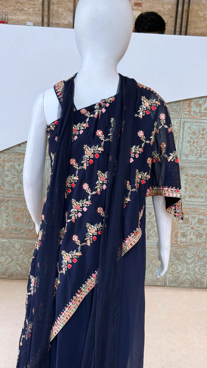 Navy Blue Cross Cut Palazzo Suit for Girls