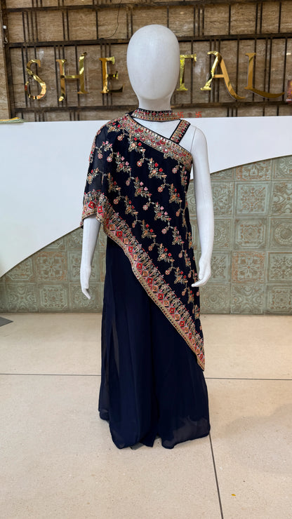 Navy Blue Cross Cut Palazzo Suit for Girls
