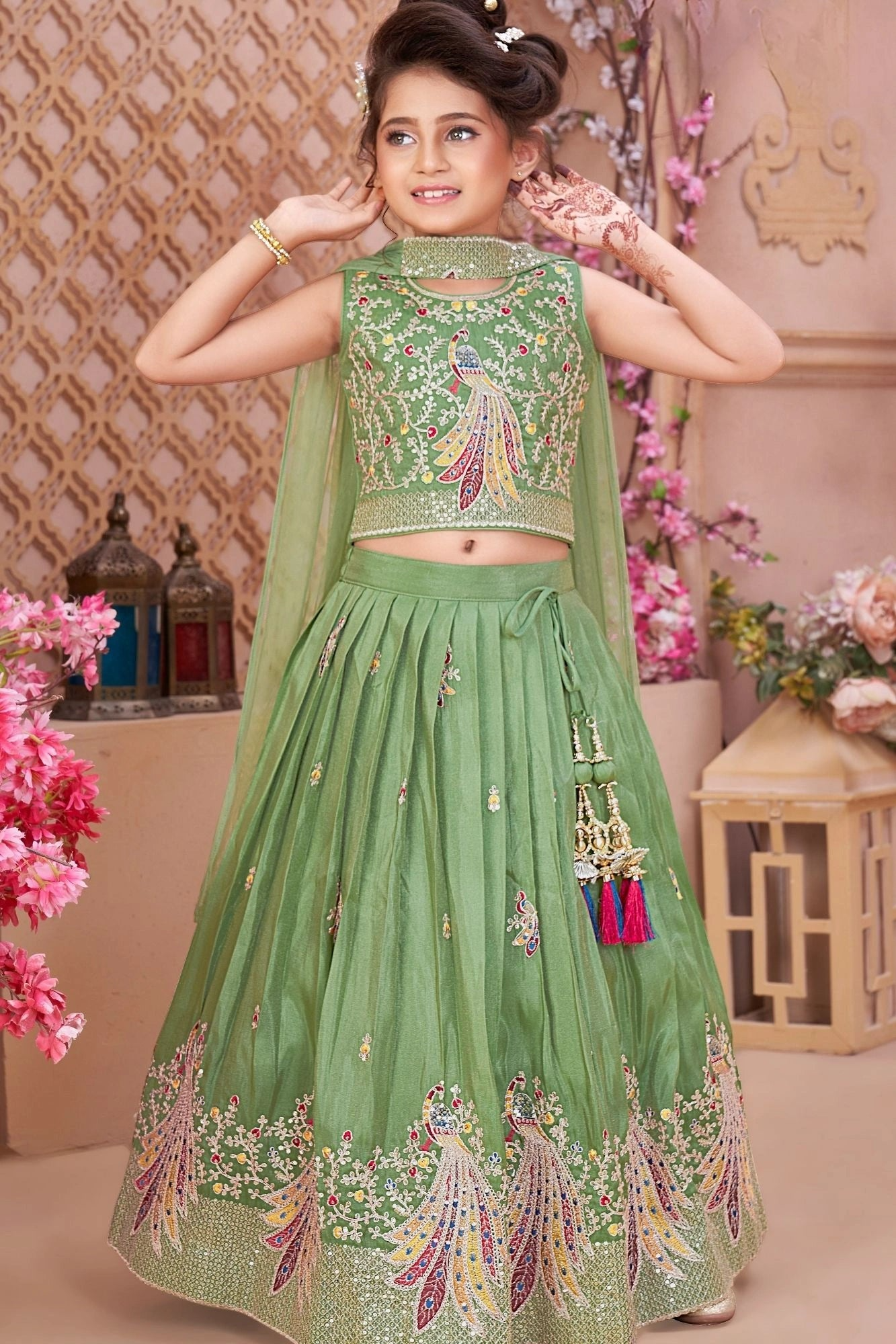 Green Peacock Embroidered Kids Lehenga Set – Sheetal Collection