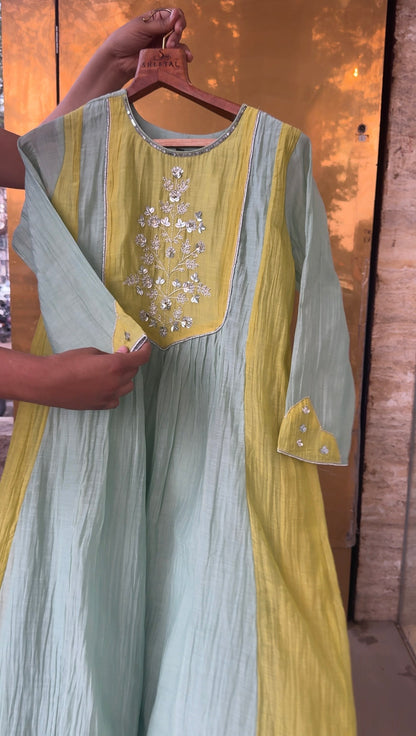 Mint Green and Yellow Mul chanderi Suit| Ready to Ship| Limited Sets