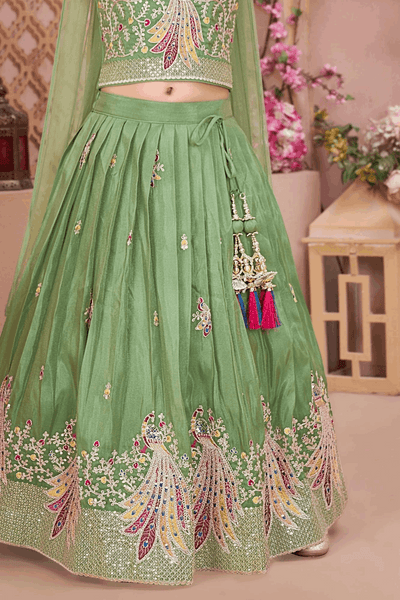 Green Peacock Embroidered Kids Lehenga Set – Sheetal Collection
