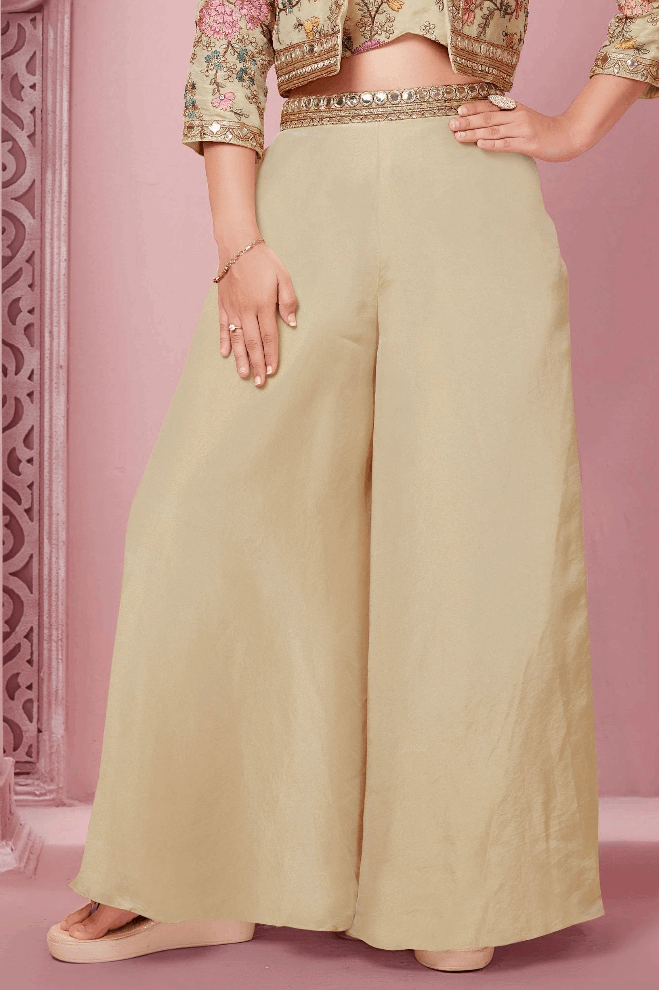 Cream Beige Floral Embroidered Jacket Palazzo Set for Girls