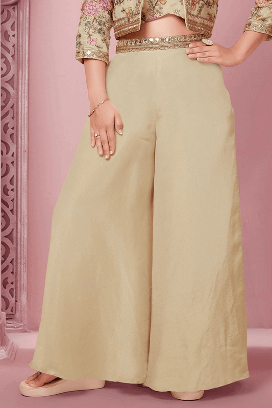 Cream Beige Floral Embroidered Jacket Palazzo Set for Girls