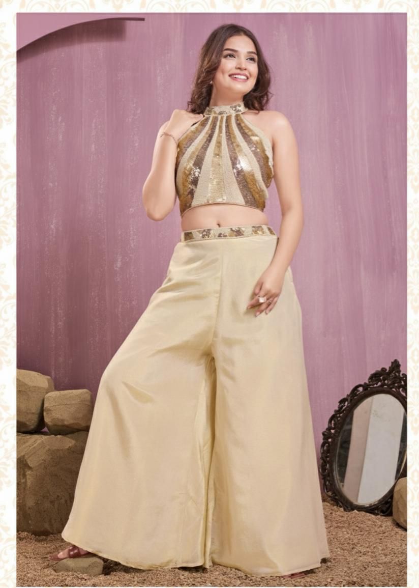 Light Gold Sequin Halter Neck Crop Top with Palazzo Pants for Girls