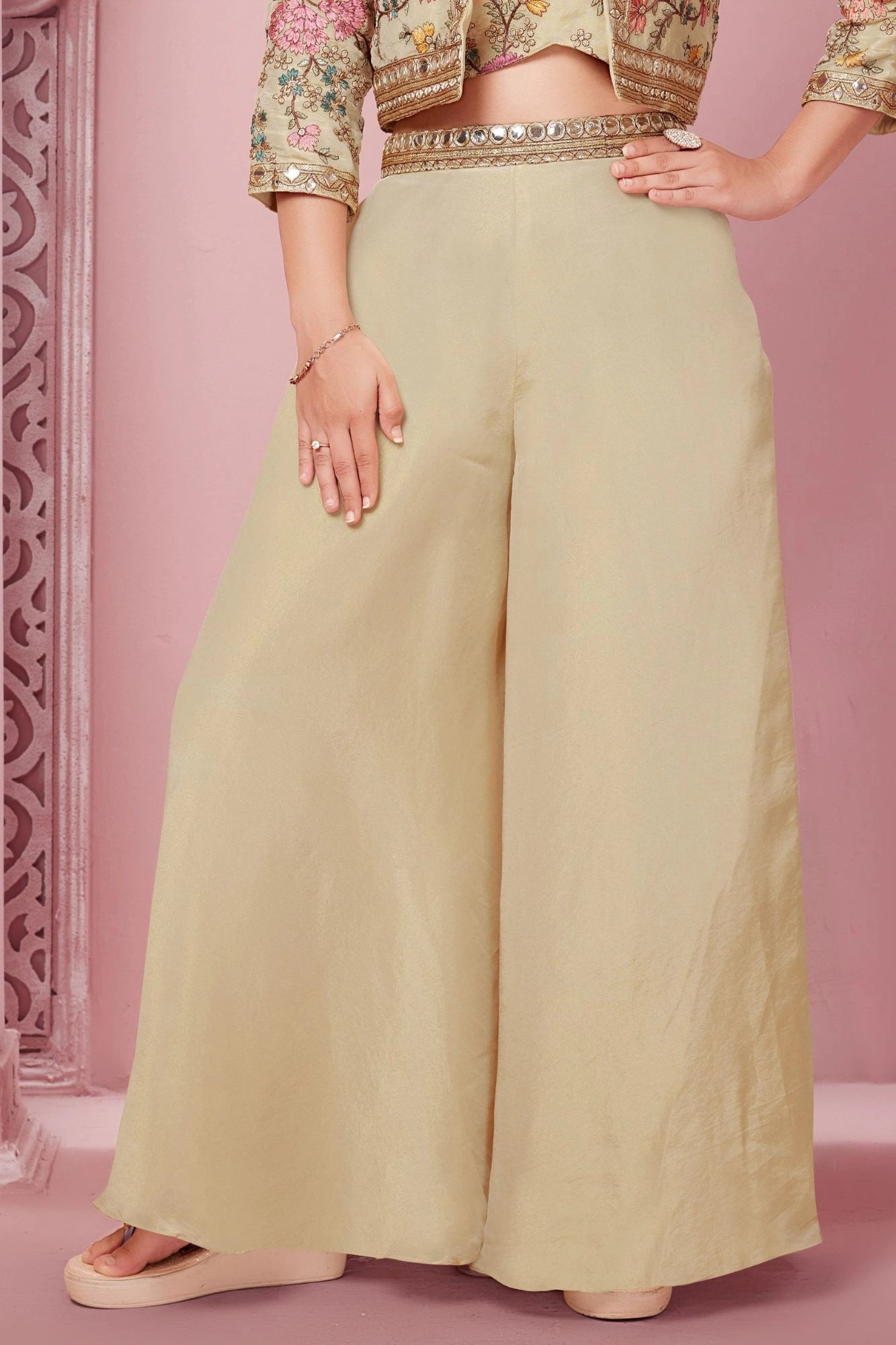 Cream Beige Floral Embroidered Jacket Palazzo Set for Girls