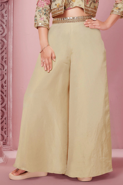 Cream Beige Floral Embroidered Jacket Palazzo Set for Girls