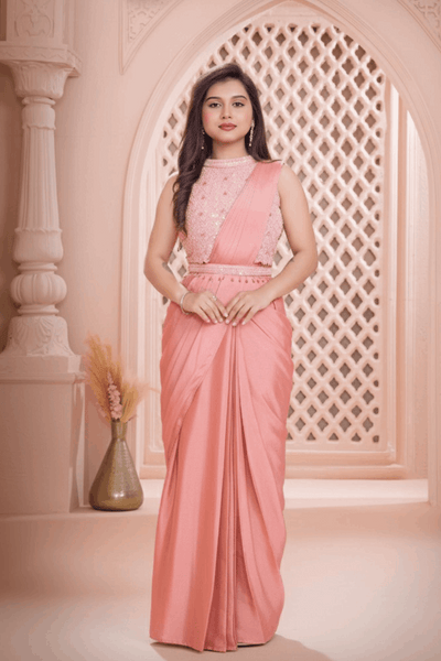 Blush Pink Pre-Draped Saree Style Gown with Pearl Embellishment