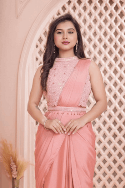Blush Pink Pre-Draped Saree Style Gown with Pearl Embellishment