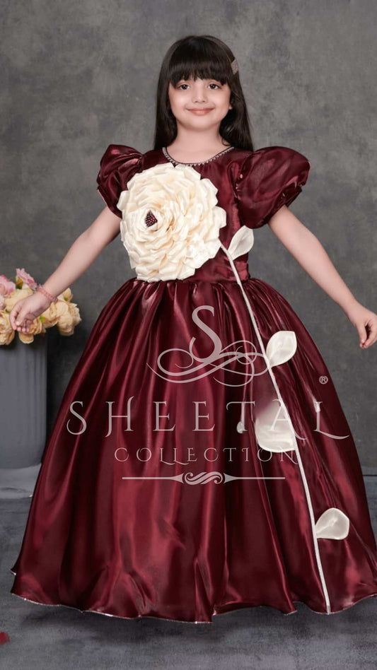 Burgundy Gown with Oversized Ivory Flower – Sheetal Collection