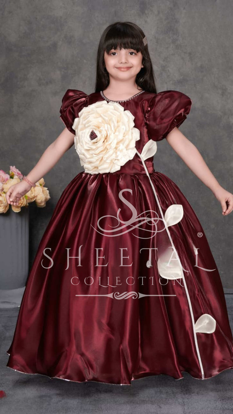 Burgundy Gown with Oversized Ivory Flower – Sheetal Collection