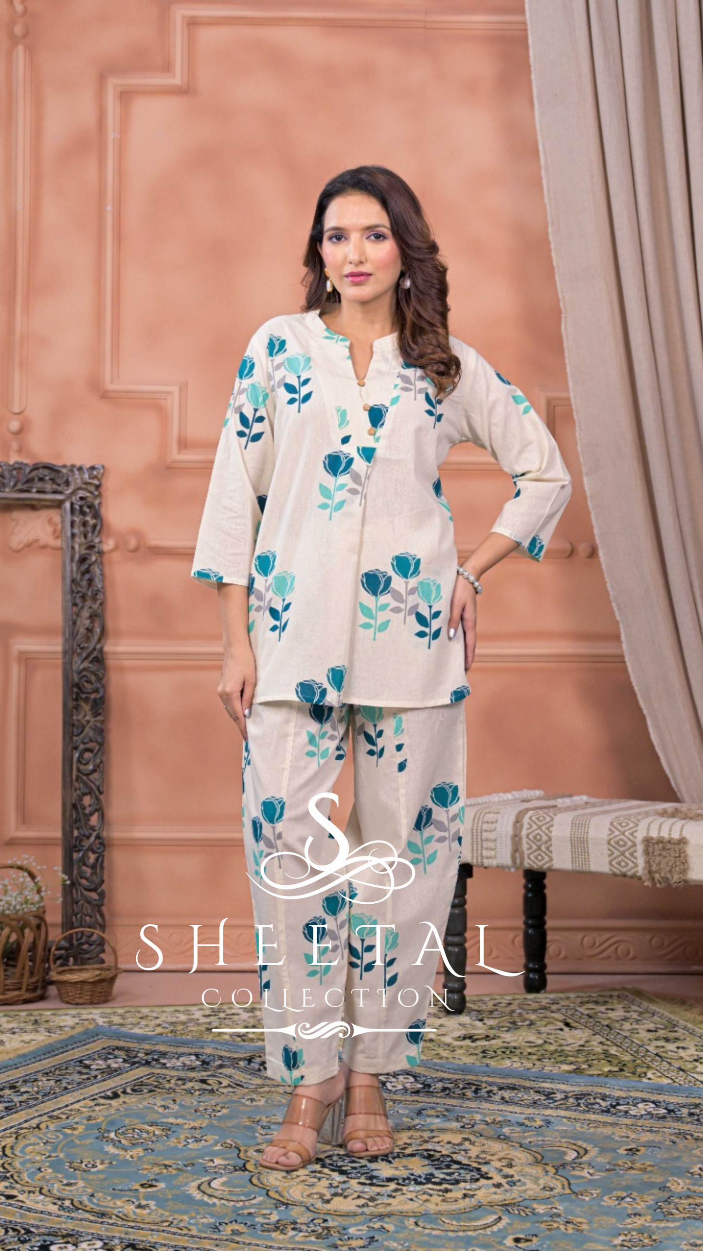 Off-White Blue Floral Print Cotton 2 piece suit