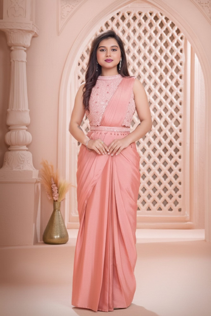 Blush Pink Pre-Draped Saree Style Gown with Pearl Embellishment