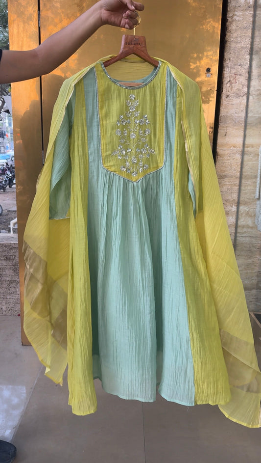 Mint Green and Yellow Mul chanderi Suit| Ready to Ship| Limited Sets