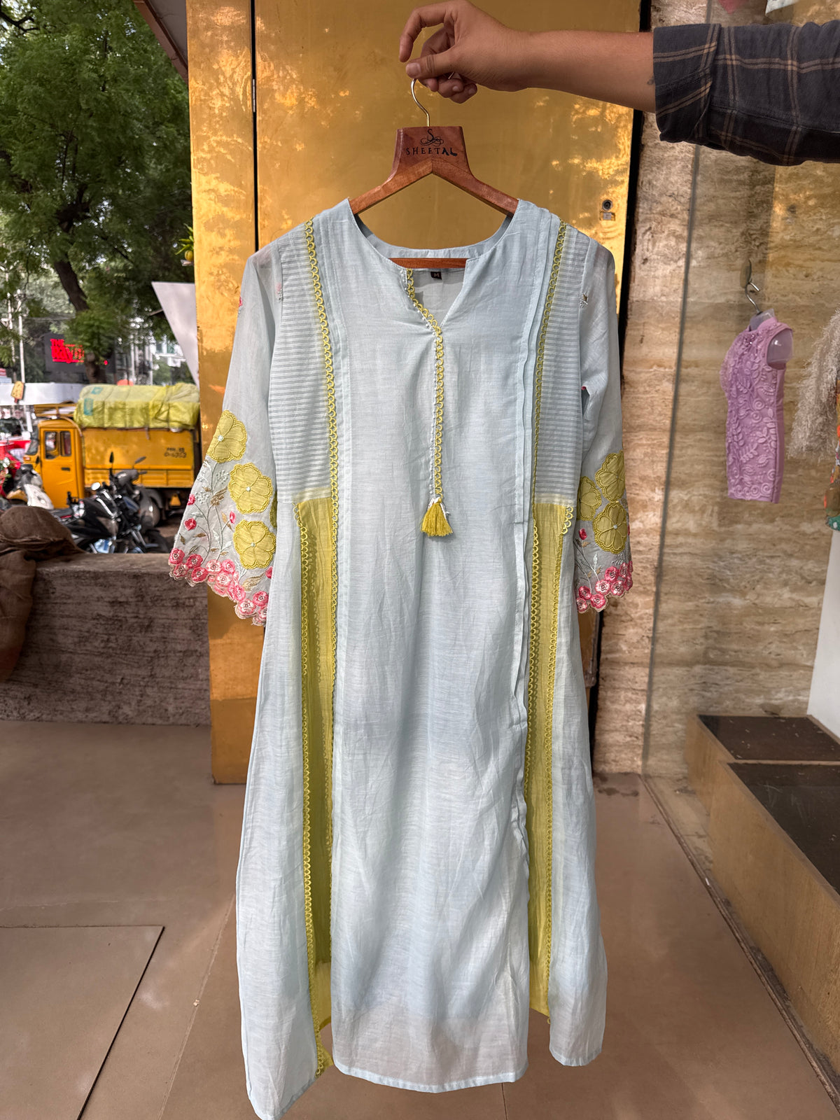 Mint Green With Yellow Cut Work Suit