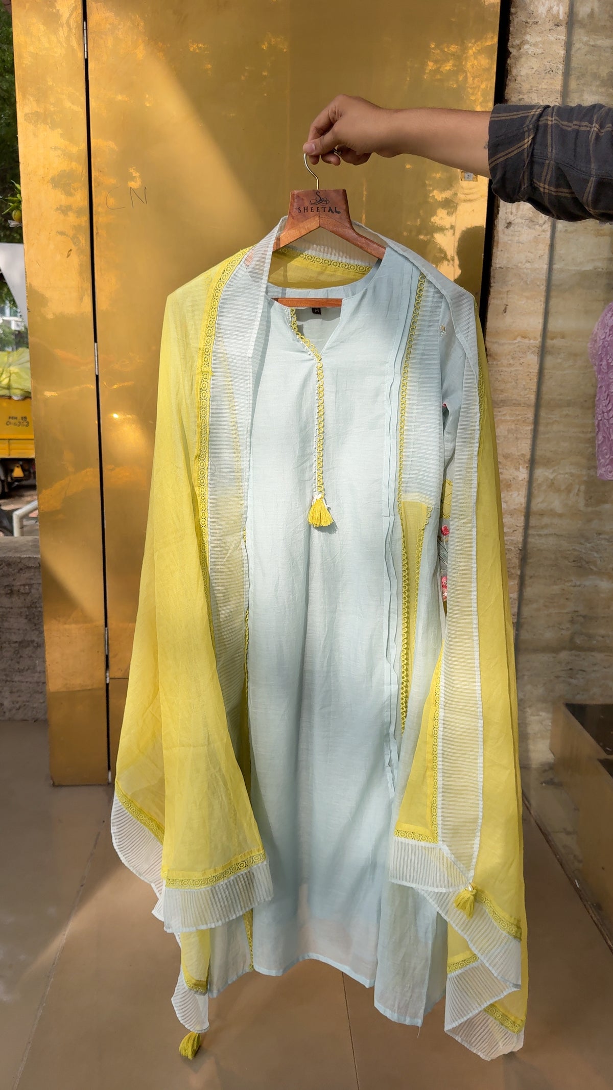 Mint Green With Yellow Cut Work Suit