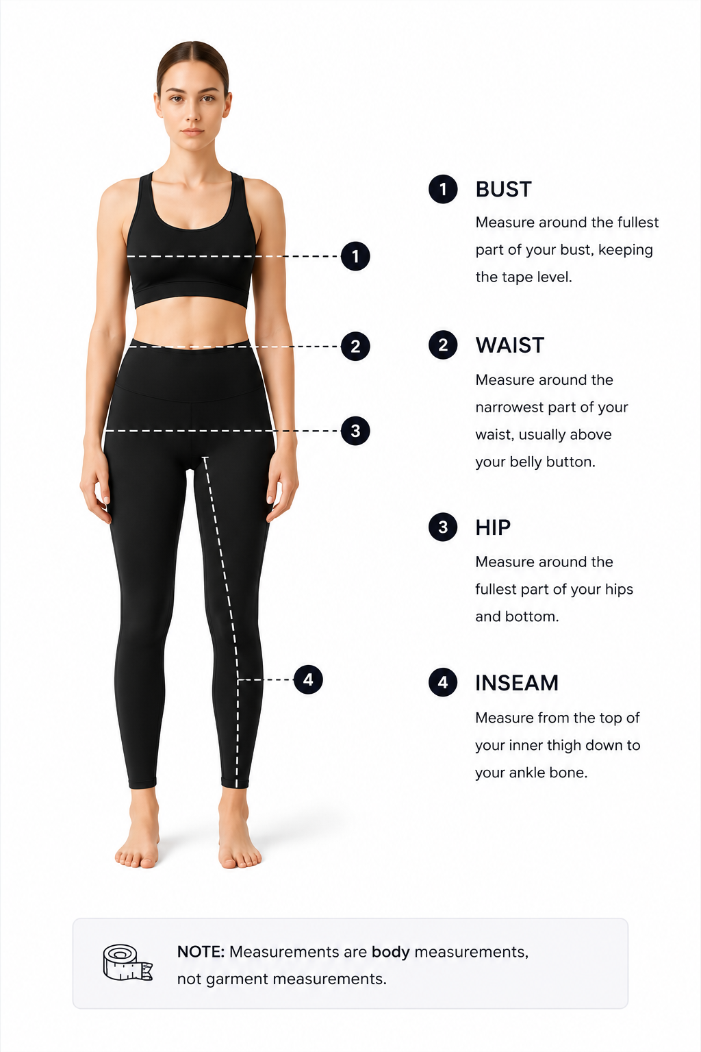 Measurement guide showing bust, waist, hip, and inseam reference points
