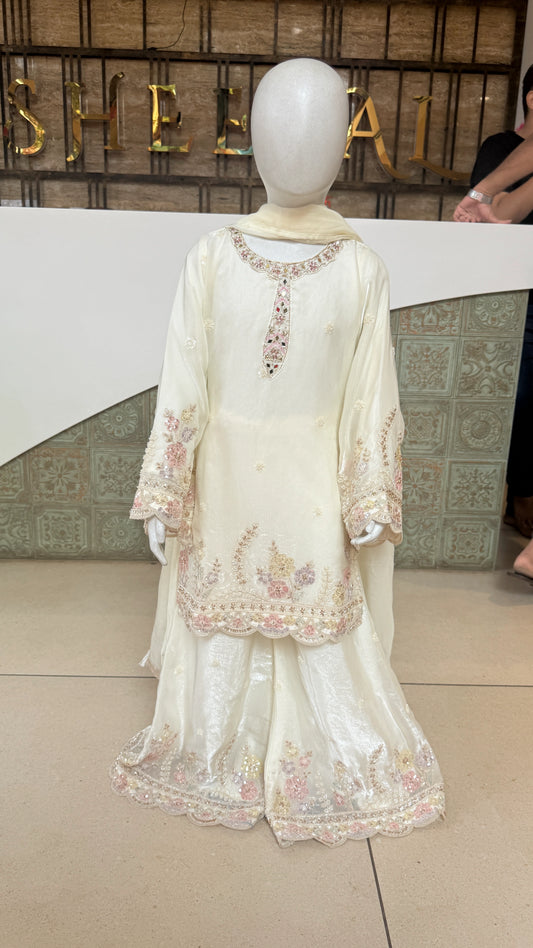 Girls Floral Embroidered Top Palazzo Set with Dupatta