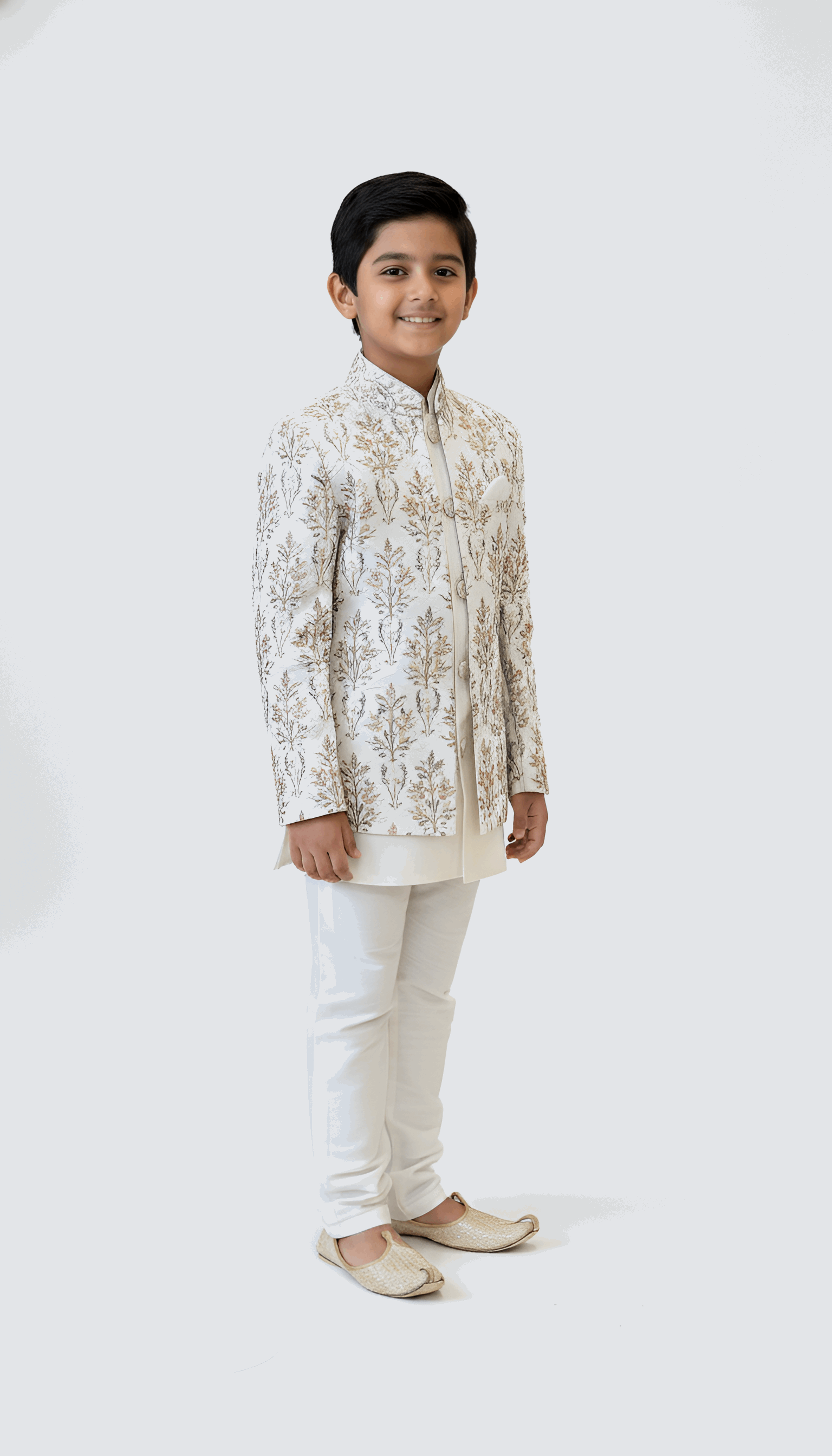 White and Silver Embroidered Indo-Western Jacket for Boys