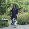 Black Printed Muslin Top & White Floral Flex Cotton Pant Set