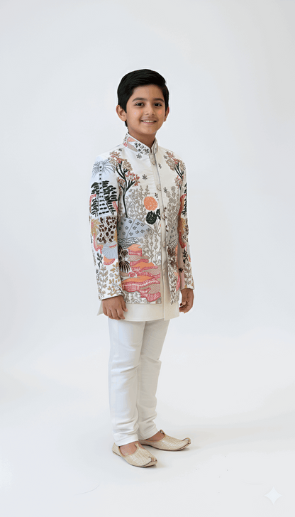 White Embroidered Indo-Western Jacket for Boys