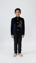 Navy Blue Velvet Embroidered Indo-Western Jacket for Boys
