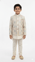 White Embroidered Indo-Western Jacket with Pastel Accents for Boys