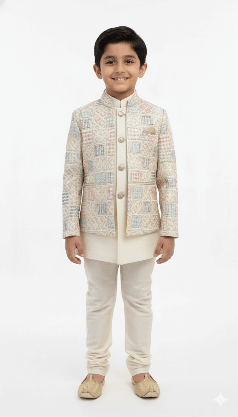 White Embroidered Indo-Western Jacket with Pastel Accents for Boys