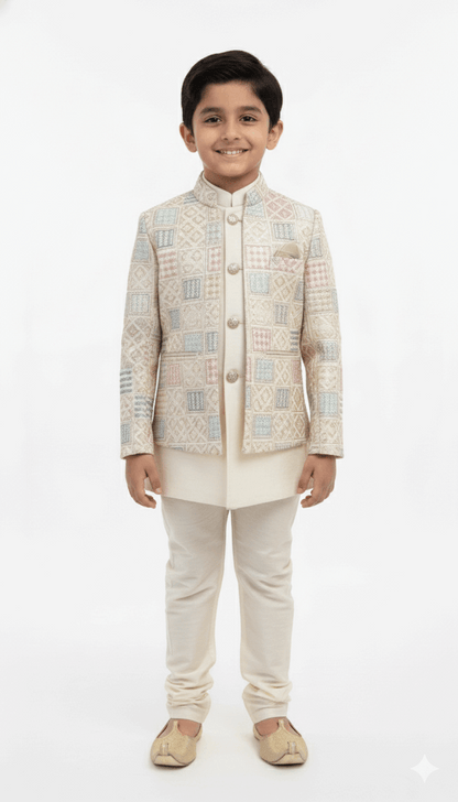 White Embroidered Indo-Western Jacket with Pastel Accents for Boys