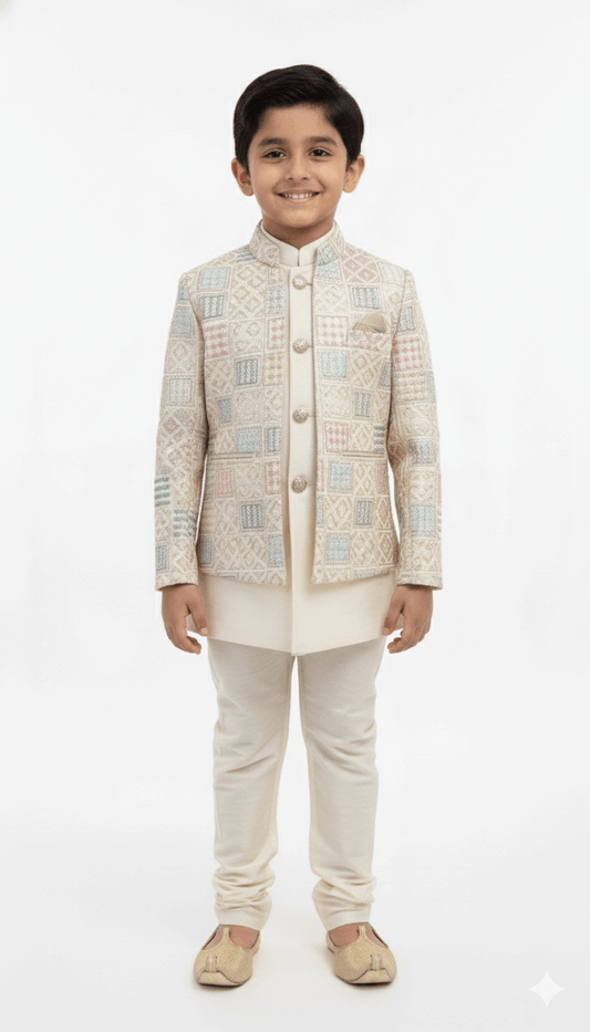 White Embroidered Indo-Western Jacket with Pastel Accents for Boys