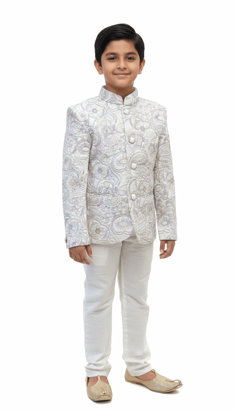 White Embroidered Indo-Western Jacket with Pastel Details for Boys