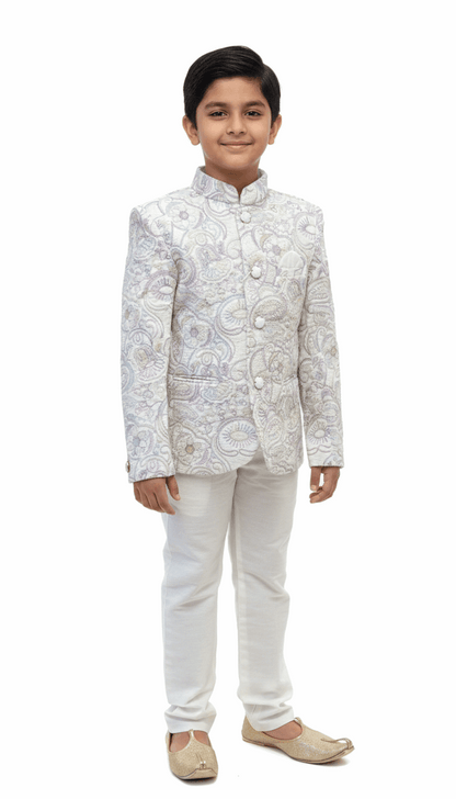 White Embroidered Indo-Western Jacket with Pastel Details for Boys