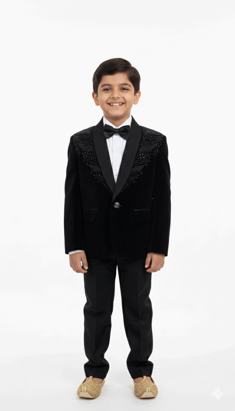 Black Embroidered Tuxedo Blazer for Boys