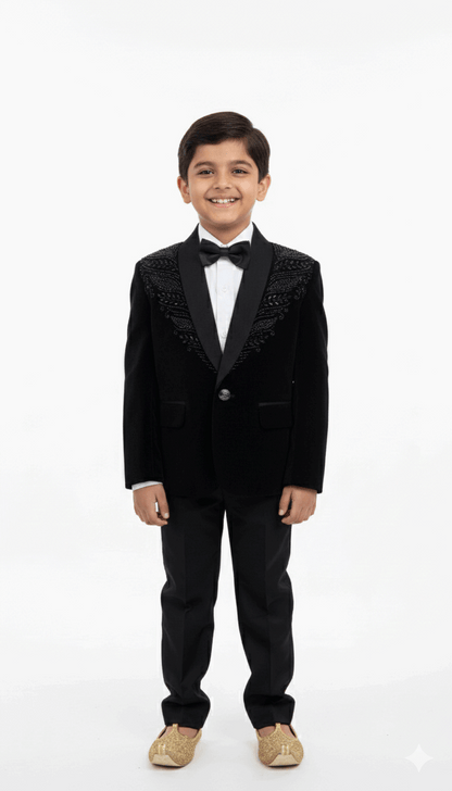Black Embroidered Tuxedo Blazer for Boys