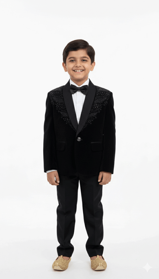 Black Embroidered Tuxedo Blazer for Boys