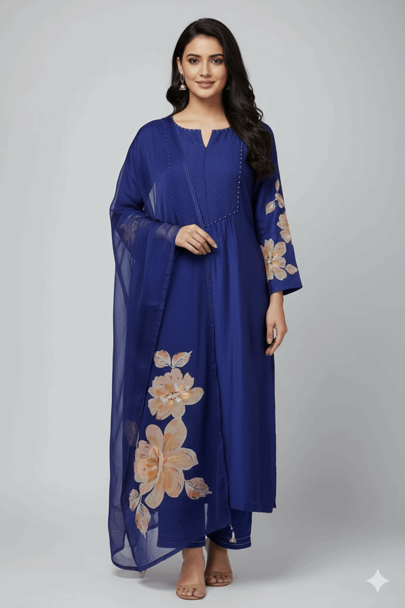 Royal Blue Floral Embroidered Suit Set with Dupatta – Sheetal Collection