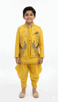 Yellow Embroidered Indo-Western Jacket with Peacock Design for Boys