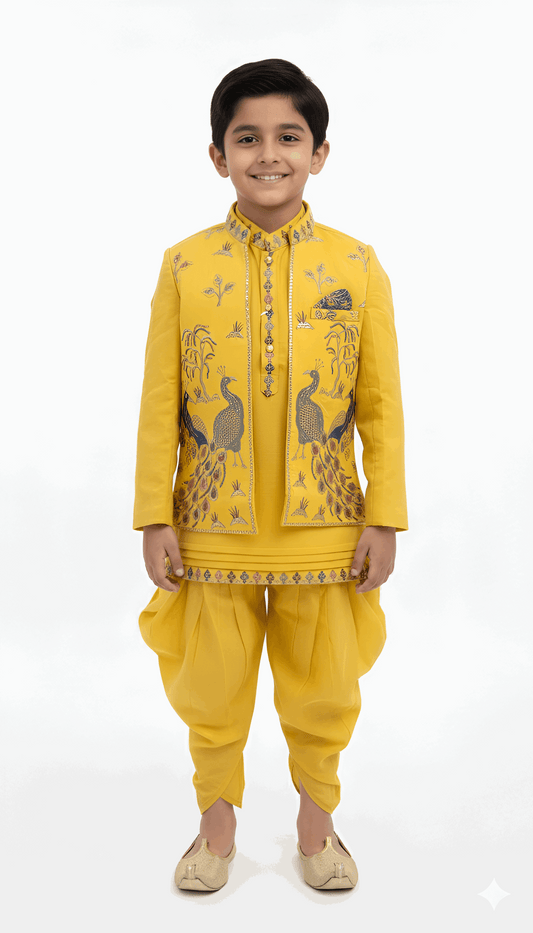 Yellow Embroidered Indo-Western Jacket with Peacock Design for Boys