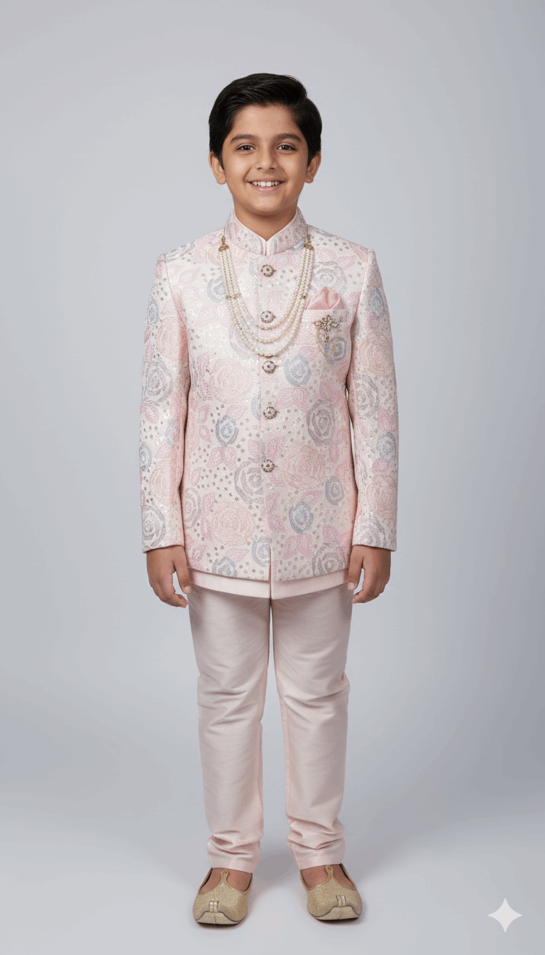 Pink and Silver Embroidered Indo-Western Jacket for Boys
