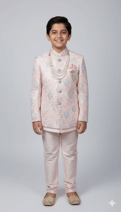 Pink and Silver Embroidered Indo-Western Jacket for Boys