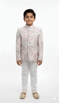 White Embroidered Indo-Western Jacket with Pink Border for Boys
