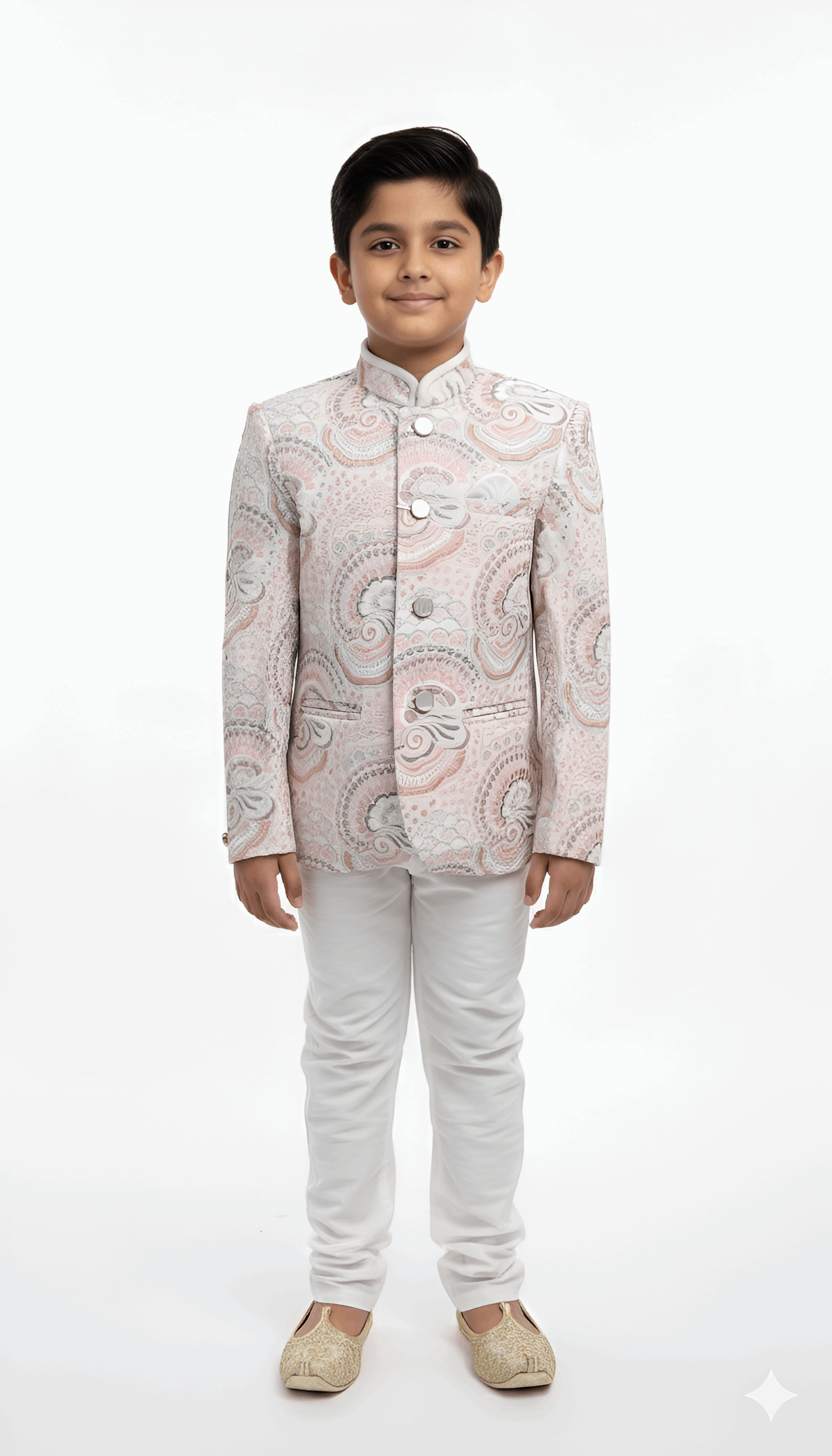 White Embroidered Indo-Western Jacket with Pink Border for Boys