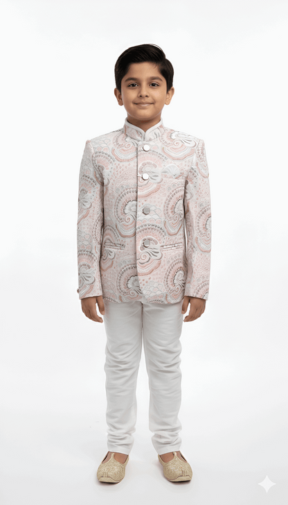 White Embroidered Indo-Western Jacket with Pink Border for Boys