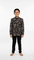 Black Embroidered Indo-Western Jacket with Floral Design for Boys