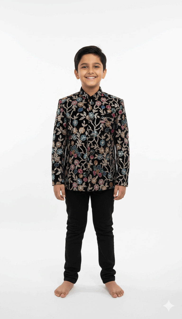 Black Embroidered Indo-Western Jacket with Floral Design for Boys