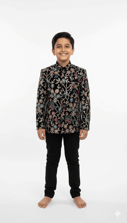 Black Embroidered Indo-Western Jacket with Floral Design for Boys