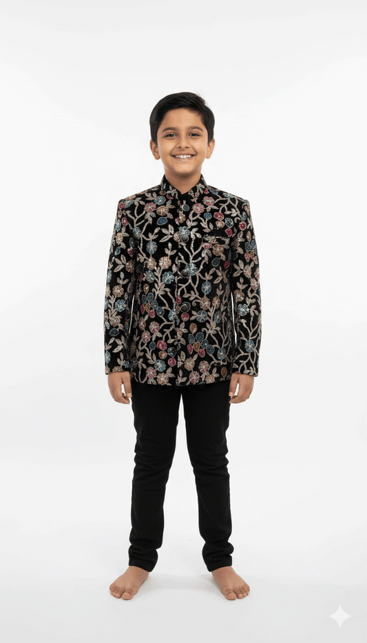 Black Embroidered Indo-Western Jacket with Floral Design for Boys