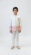 White Embroidered Indo-Western Jacket with Pink Border for Boys